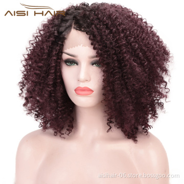 Aisi Hair 14 Inch Short Ombre Brown Dark Root Wig Afro Kinky Curly Lace Front Wig Synthetic Front Lace Hair Wigs For Black Women